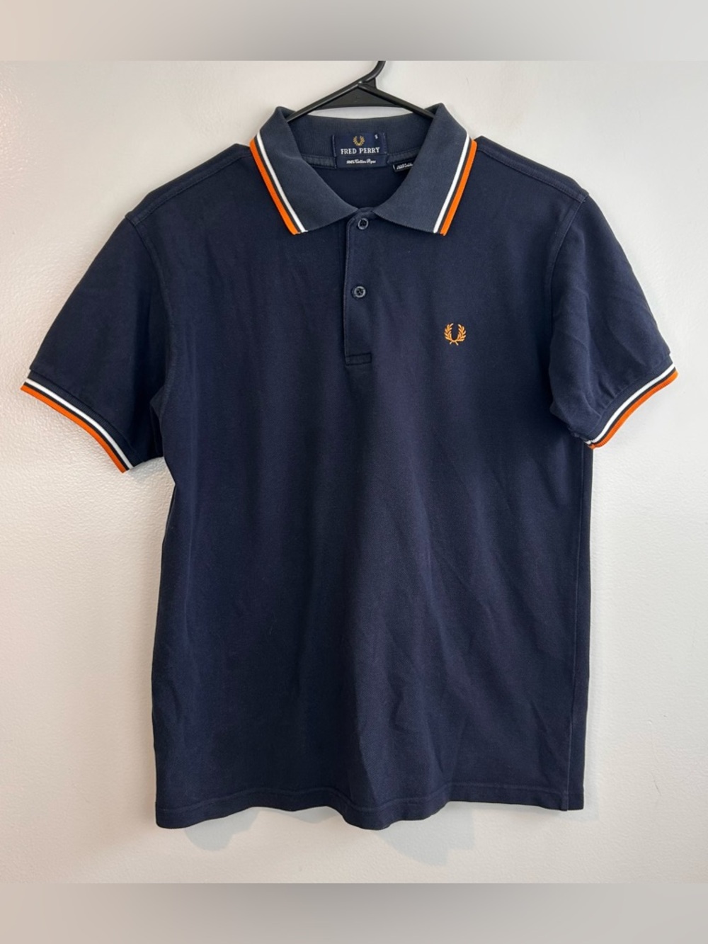 Fred Perry Navy Blue and Orange/White Stripe Short Sleeve Pullover Polo Small